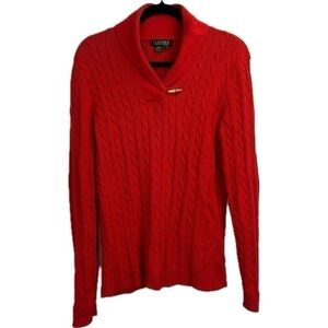 Lauren Ralph Lauren Mock Cable Knit Red Sweater Women’s Shawl Collar Gol…